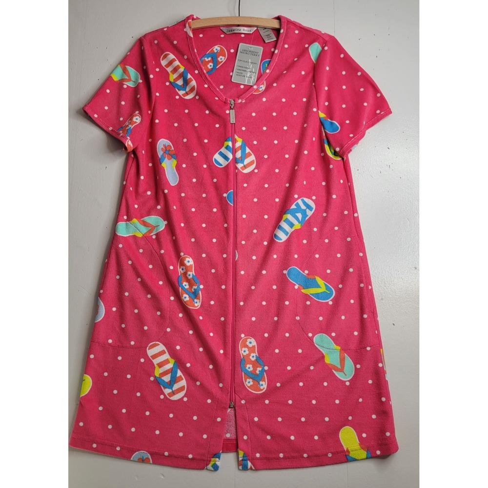 Jasmine Rose Pink Flip Flop Polka Dot Micro Terry Zip Front Robe House Dress Med